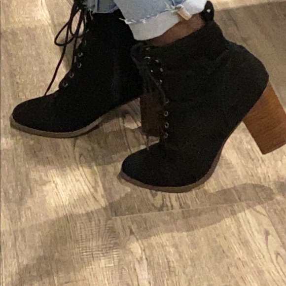 Black Ankle Laced Up Booties with Wooden Heel - Picture 2 of 5